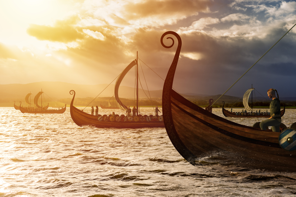 Viking ships sailing to settle Iceland